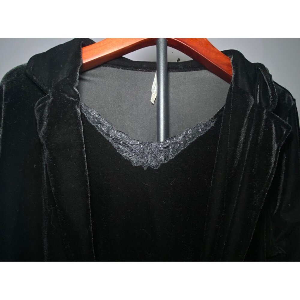 Black Velvet Blouse Attached Jacket With Tie & Lace Trim XL Party Celebration